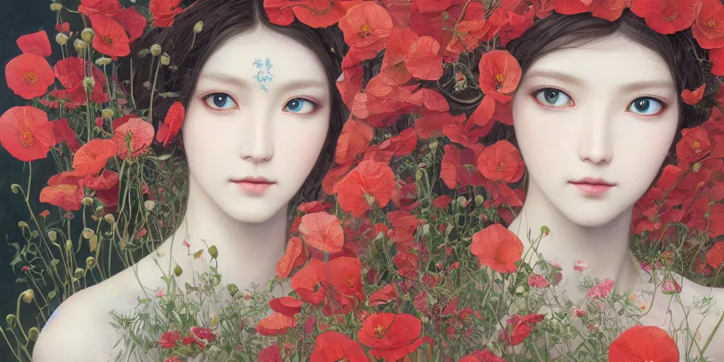 Prompt: breathtaking detailed concept art painting of the goddess of poppy flower, orthodox saint, with anxious, piercing eyes, ornate background, amalgamation of leaves and flowers, by hsiao - ron cheng and john james audubon and miho hirano, extremely moody lighting, 8 k