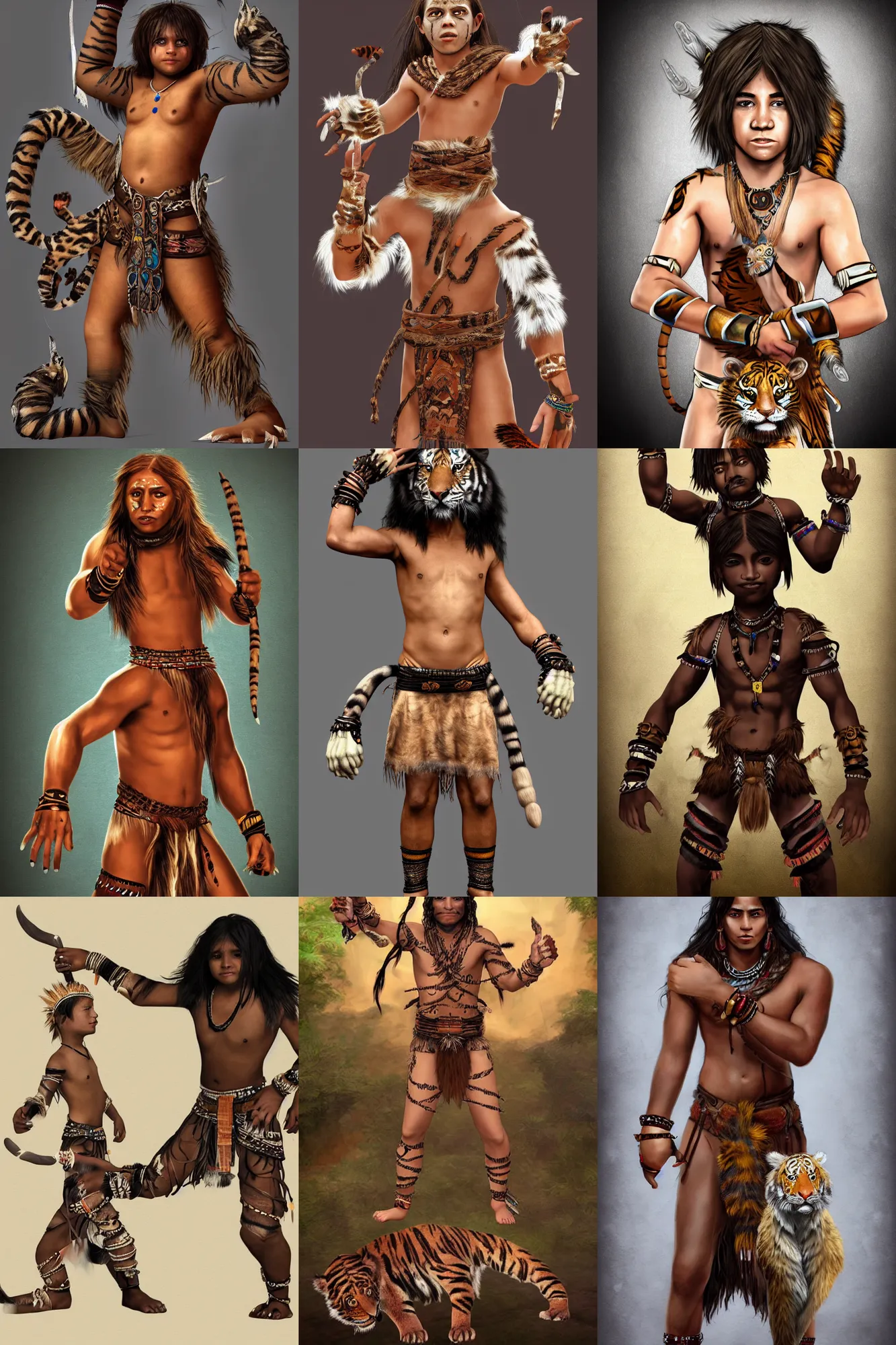 Prompt: digital art of tribal boy with long hair, loincloth, taxidermy tiger paws with claws on hands as gauntlet, showing his paws to camera, artstation