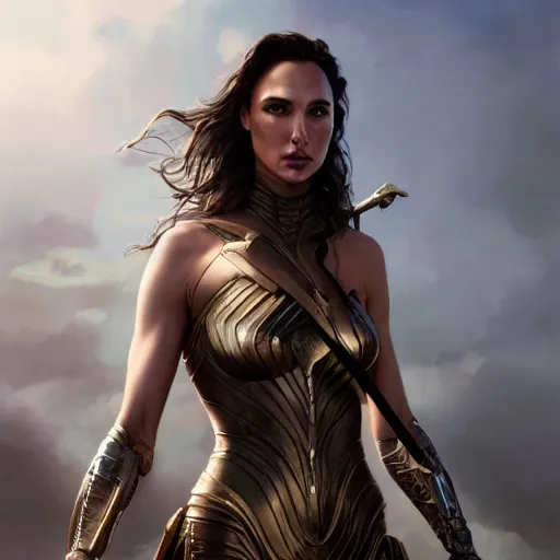 Image similar to painting of gal gadot, bikini armor, ultra realistic, concept art, intricate details, eerie, highly detailed, photorealistic, octane render, 8 k, unreal engine, art by artgerm and greg rutkowski and alphonse mucha