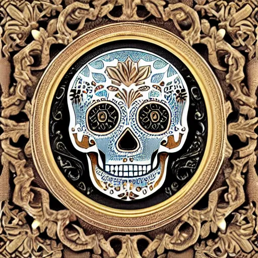 Image similar to intricately carved sugar skull, intricate ornament, gilding, digital art