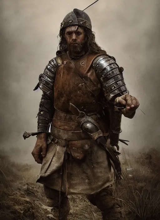 Image similar to portrait photo of a medieval warrior, rough loner man, dirt and unclean, extreme detail, cinematic, dramatic lighting render, extreme photorealism photo by national geographic, tom bagshaw, masterpiece