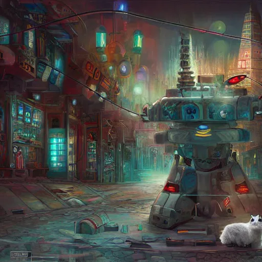 Prompt: a persian cat in a robot city, highly detailed, digital painting, sharp focus, fantasy art