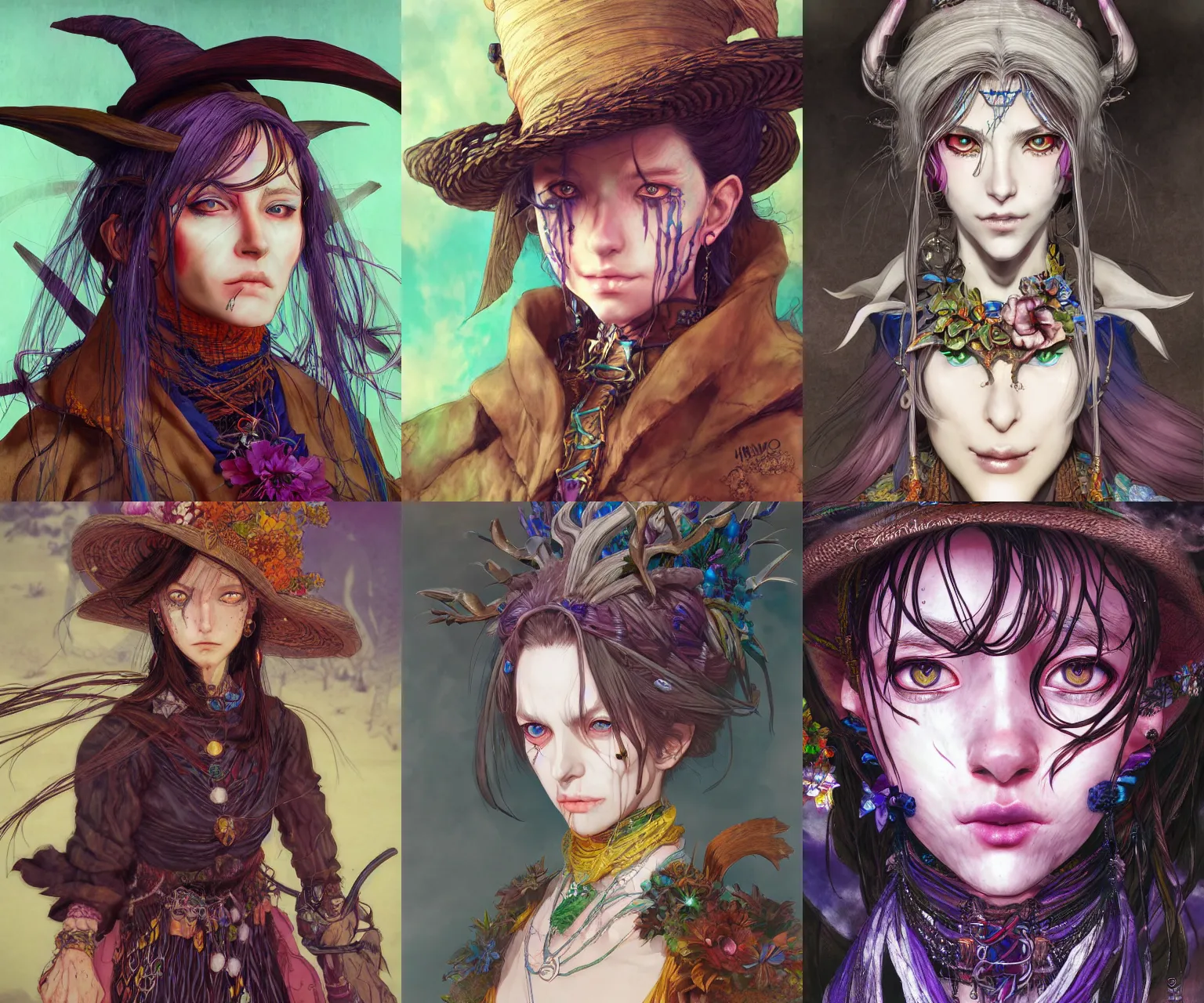 Prompt: portrait of a village witch, beautiful, fantasy, colorful, artstation, trending, highly detailed, focus, smooth, by hirohiko araki and yoshitaka amano