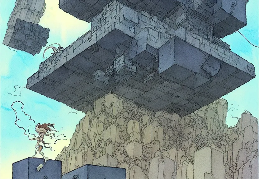 Image similar to a simple watercolor fantasy concept art of a giant dark grey cube inside a force field floating in the air. by studio ghibli, rebecca guay, michael kaluta, charles vess