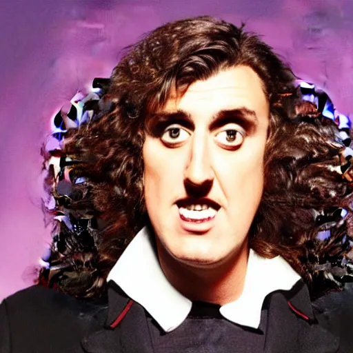 Prompt: weird al pointing at the word “gullible” on the ceiling