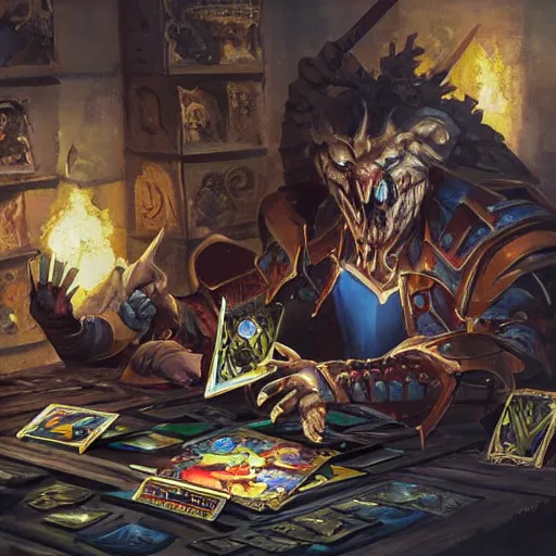 Prompt: a magic the gathering card of a man painting warhammer figurines in his basement,