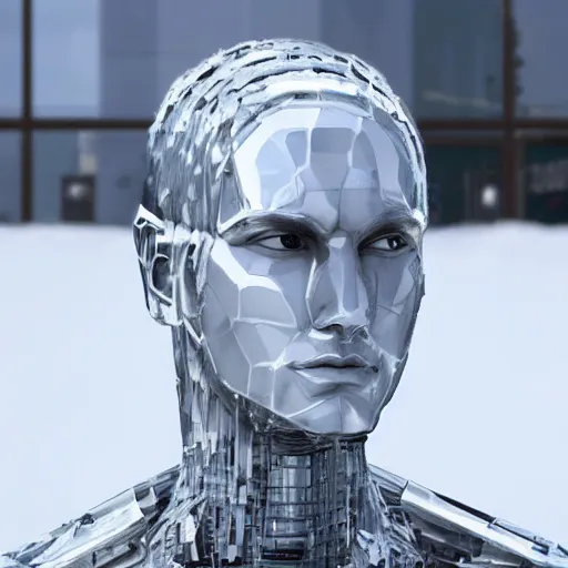 Image similar to made of ice, a realistic detailed photo of a guy who is an attractive humanoid who is half robot and half humanoid, who is a male android, on display, blank stare, showing off his muscles, shiny skin, posing like a statue, by the pool, frozen ice statue, twitch streamer / gamer ludwig, humanoid robot