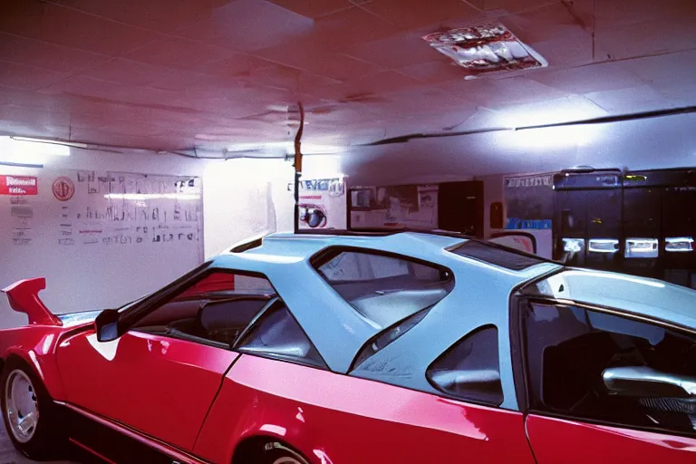 Prompt: 1985 Vector W8 Twin Turbo 911 BMW M1 inside of a car wash, ektachrome photograph, volumetric lighting, f8 aperture, cinematic Eastman 5384 film