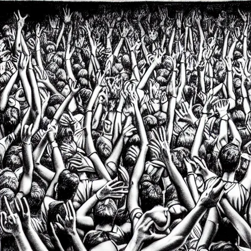 Image similar to the messiest rave you've ever been to, hyper detailed photorealistic pencil drawing of a large group of people dancing at a rave