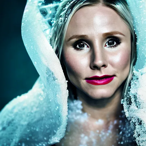 Image similar to Kristen Bell as a mermaid covered in snow, grungy, unkept hair, glowing eyes, winter, modelsociety, radiant skin, huge anime eyes, RTX on, bright on black, dramatic, studio lighting, perfect face, intricate, Sony a7R IV, symmetric balance, polarizing filter, Photolab, Lightroom, 4K, Dolby Vision, Photography Award