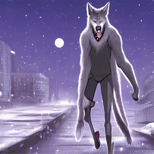 Image similar to muscular anthro wolf, anime, casualwear, grey fur, city night background, field of depth, bokeh, award-winning digital art