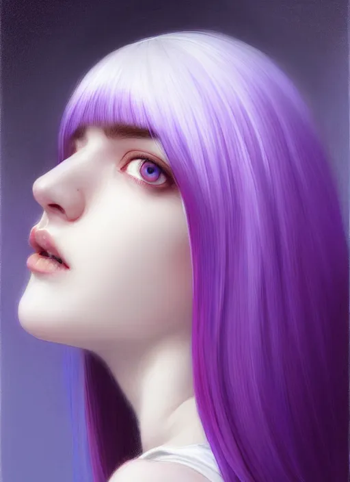 Image similar to hair whitebangs hair, black hair, whitebangs, portrait of teenage girl with white bangs, red irises, purple clothes, white bangs, bangs are different color from hair, intricate, elegant, glowing lights, highly detailed, digital painting, artstation, concept art, smooth, sharp focus, illustration, art by wlop, mars ravelo and greg rutkowski