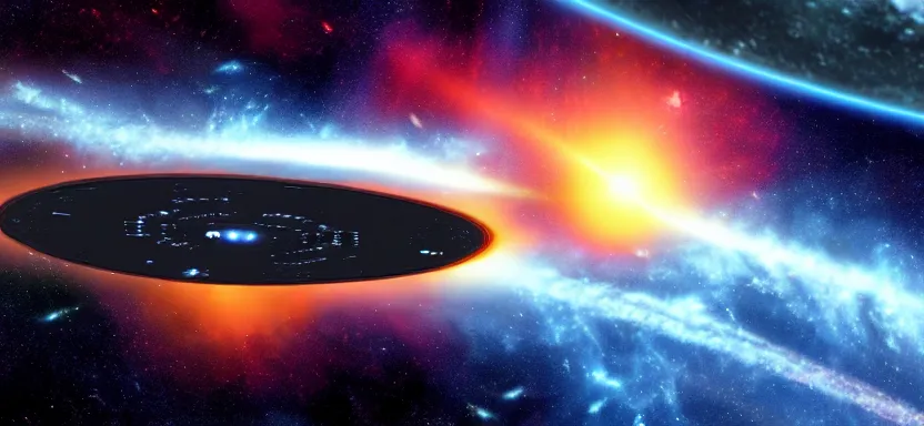 Image similar to startrek enterprise flying past a super nova and black hole, by juan ortiz 8k,