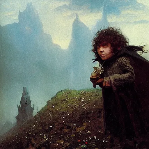 Prompt: portrait of small pale cowardly hobbit man wearing dark cloak, funny artwork, looking terrified, close shot, round face, fantasy artwork, dnd, looking sideways, high fantasy, by karl spitzweg, whimsical