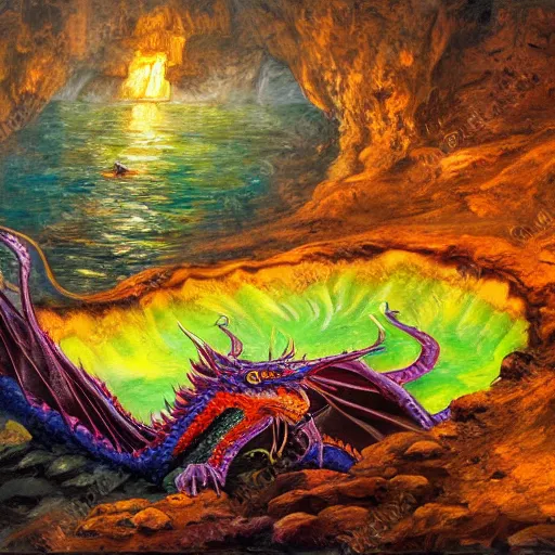 Image similar to highly detailed oil painting of a colorful hotspring within dark cavern, dragon sitting in the middle