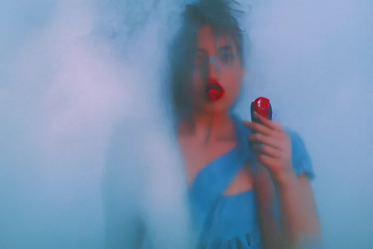 Image similar to film photography, gonzo, woman\'s mouth with smeared lipstick in motion blur in blue fog, golden hour, 35mm, motion blur