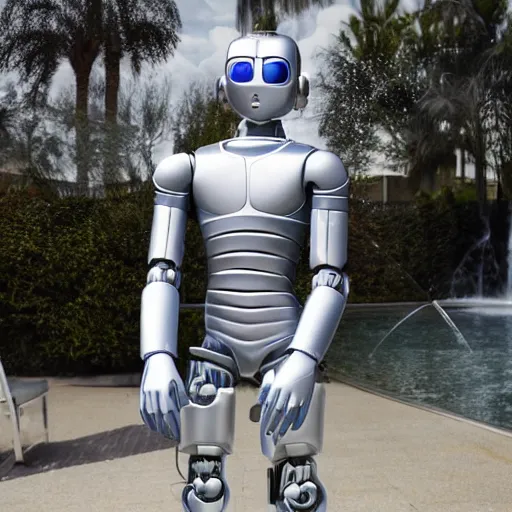 Image similar to made of ice, a realistic detailed photo of a guy who is an attractive humanoid who is half robot and half humanoid, who is a male android, on display, blank stare, showing off his muscles, shiny skin, posing like a statue, by the pool, frozen ice statue, twitch streamer / gamer ludwig, humanoid robot