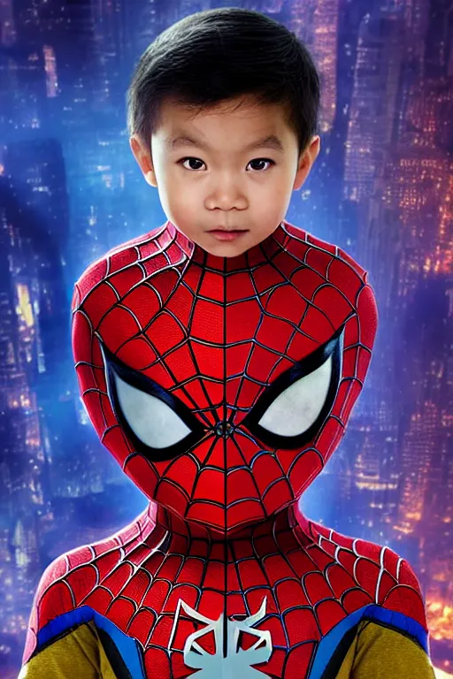 Image similar to majestic and regal portait of asian toddler spiderman, marvel, perfect face, beautiful, intricate, epic, elegant, fantasy, highly detailed, digital painting, hard focus, beautiful volumetric lighting, epic light, ultra detailed, by leesha hannigan, ross tran, thierry doizon, kai carpenter, ignacio fernandez rios