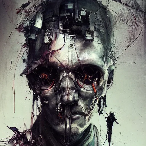 Image similar to cybernetic hunter, cyberpunk, wires, skulls, machines by emil melmoth zdzislaw belsinki craig mullins yoji shinkawa realistic render ominous detailed photo atmospheric by jeremy mann francis bacon and agnes cecile ink drips paint smears digital glitches glitchart