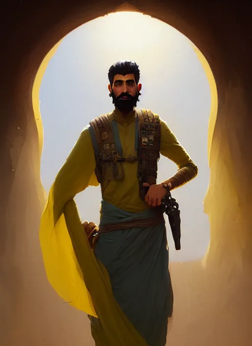 Prompt: highly detailed portrait arab man modern, hero, yellow charcoal, stephen bliss, 8 k, unreal engine, fantasy art by greg rutkowski, loish, rhads, ferdinand knab, makoto shinkai and lois van baarle, ilya kuvshinov, rossdraws, tom bagshaw, global illumination, radiant light, detailed and intricate environment