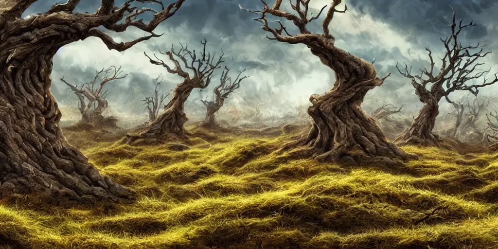 Prompt: rocky landscape of bent keeled toppled windswept trees, background is soilless rocky terrain, high quality fantasy art, 4k