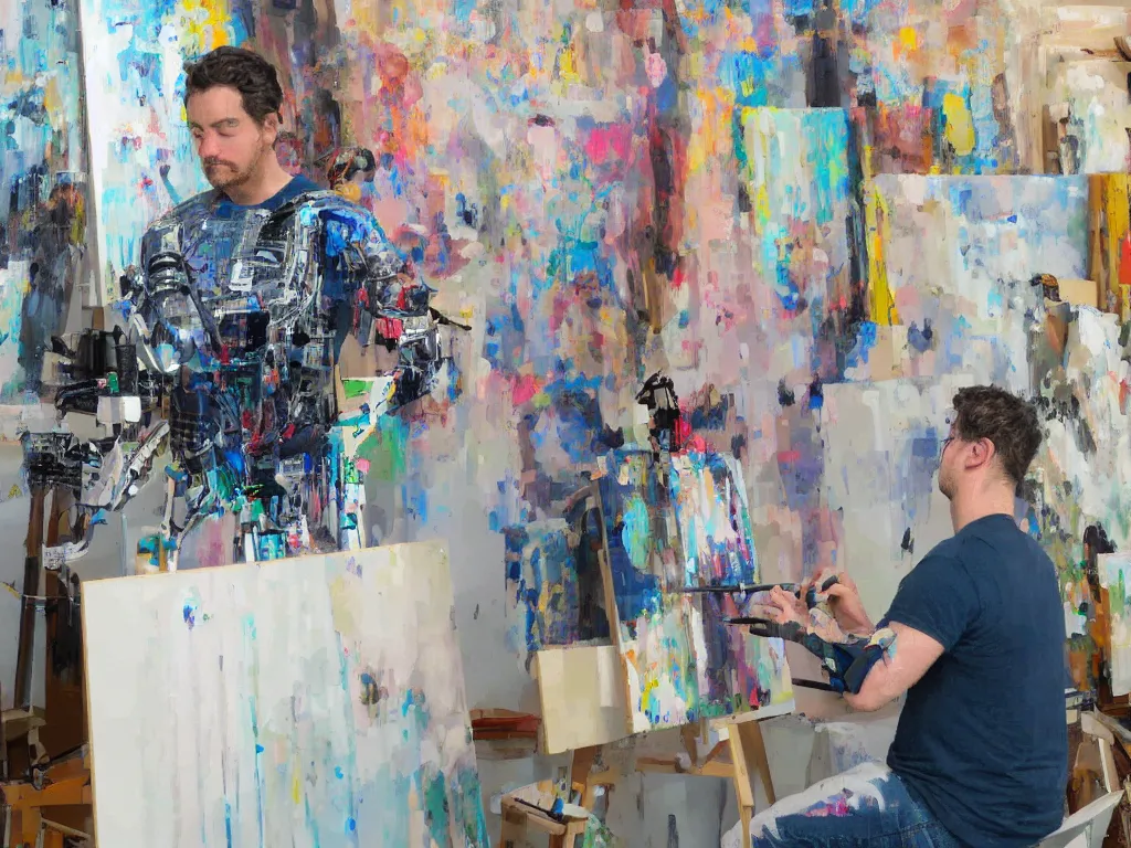 Image similar to an artificial intelligence painting a masterpiece self - portrait in his studio