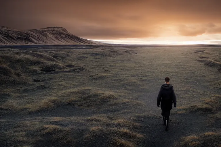 Image similar to a cinematic wide angle photograph of a traveller walking through a vast serene icelandic landscape, beautiful lighting, high depth, ultra realistic, artistic, by michal karcz and john harris