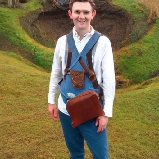 Image similar to british lad with short curly dark brown hair as a hobbit wearing a white men's crossbody sling chest bag and blue vest