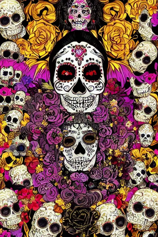 Prompt: baroque bedazzled gothic royalty frames surrounding a pixelsort emo demonic horrorcore Japanese Illustration of a sugar skull day of the dead girl, art by satoshi kon, sharpened early computer graphics, remastered chromatic aberration