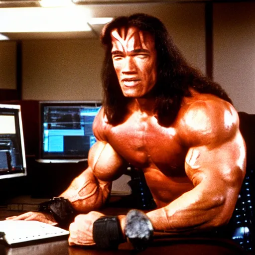 Image similar to arnold schwarzenegger as conan the barbarian sitting at a desk, as an office worker, in an office, inside an office building, sitting at a desk, angrily shouting and pointing at a laptop, laptop computer, crisp lighting, corporate photography