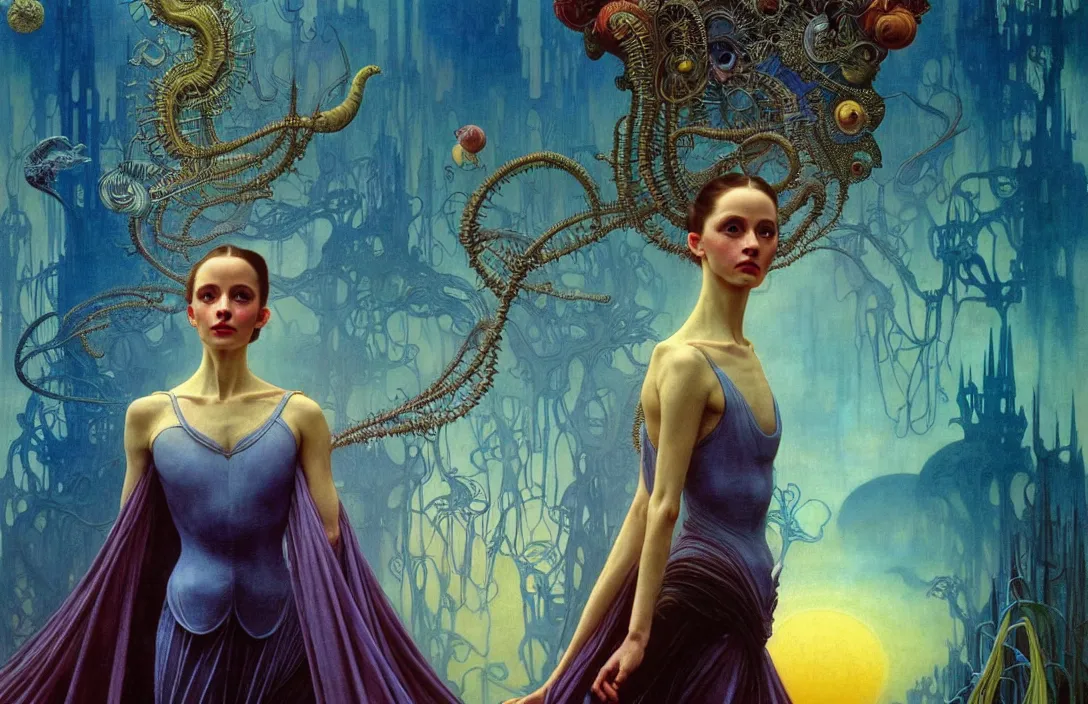 Prompt: realistic detailed portrait movie shot of a prima ballerina wearing a dark robes, sci fi city landscape background by denis villeneuve, amano, yves tanguy, alphonse mucha, ernst haeckel, max ernst, roger dean, masterpiece, rich moody colours, dog teeth, blue eyes, sunset