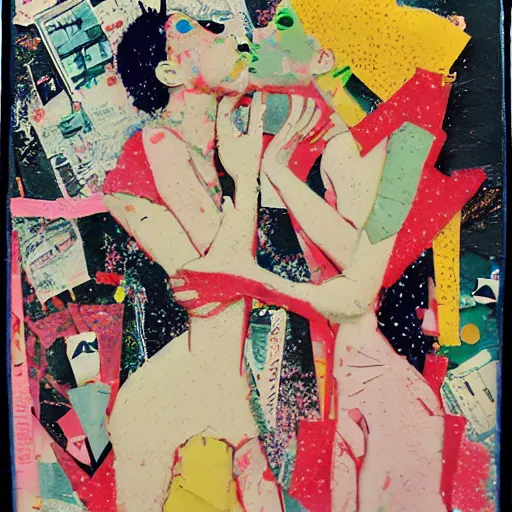 Image similar to two women kissing at a carnival in tokyo, mixed media collage, retro, paper collage, magazine collage, acrylic paint splatters, bauhaus, claymation, layered paper art, sapphic visual poetry expressing the utmost of desires by jackson pollock