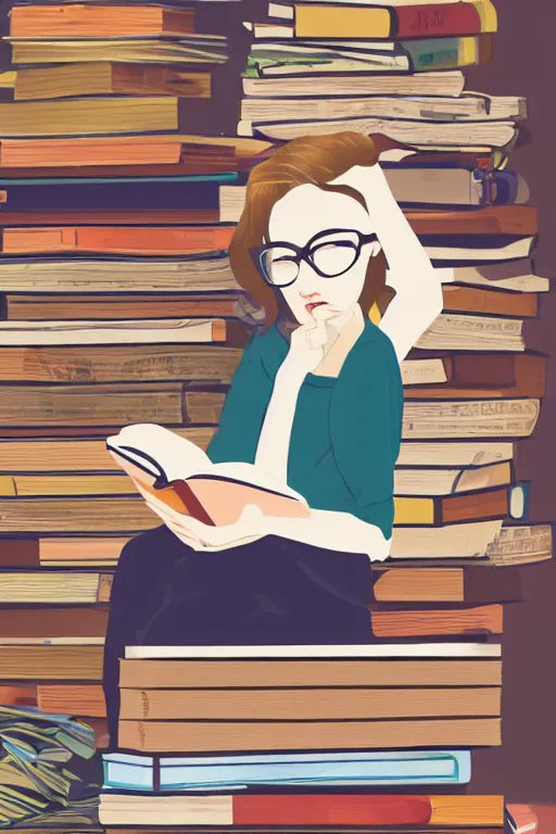 Prompt: a woman with light brown and glasses sits cross legged on top of a tall pile of books. she is reading. clean pretty cartoon painting, beautiful detailed face.