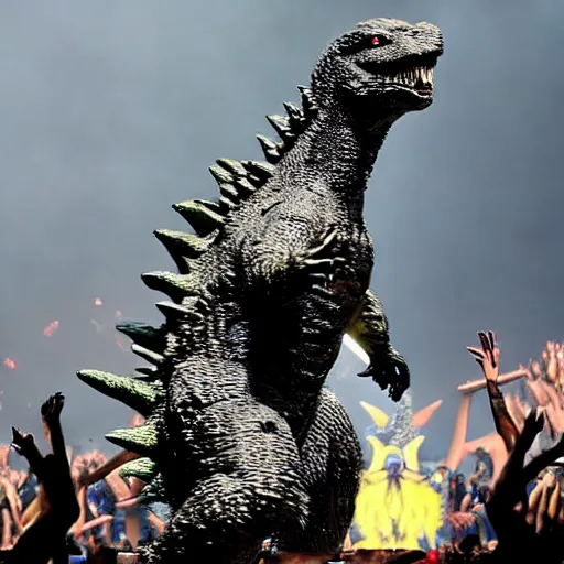 Image similar to Godzilla as Beyoncé performing on stage at Coachella, photo