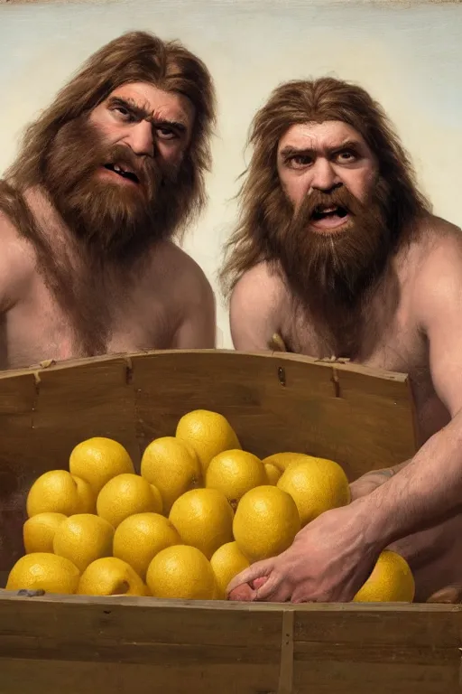 Image similar to a hyperrealistic portrait of two cavemen performing open heart surgery on a crate of lemons with tools made of bubblegum , 8k