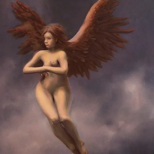 Prompt: angel descending from heaven, ultrarealistic, gloomy atmosphere, oil painting, wooden frame