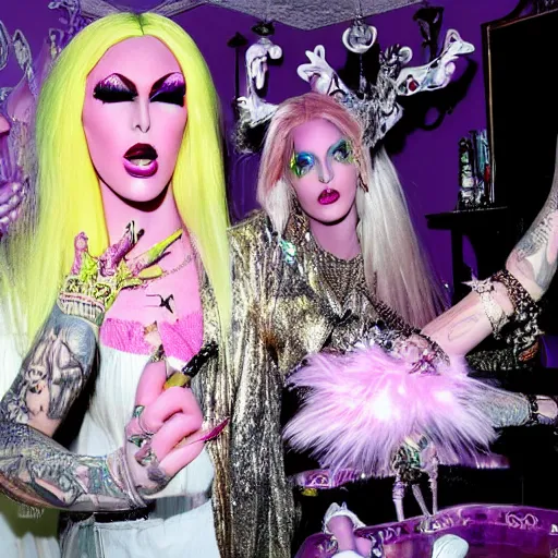 Prompt: hyper realistic photo of jeffree star practicing witchcraft in an y 2 k rhinestone mcbling bedroom