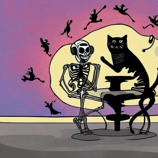 Image similar to skeleton wearing headphones watching girl playing guitar with her black cat standing next to her, digital art