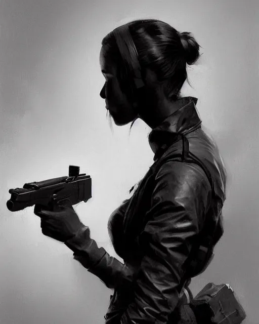 Image similar to Hyper realistic painting of a girl holding a gun, noir, hyper detailed, by greg rutkowski, trending on artstation