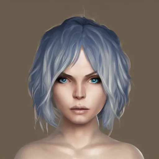 Image similar to fantasy portrait of a female human adventurer with white skin, white hair, white eyes without pupils, slightly - pointed ears, short wavy hair, eyebrow scar, trending on artstation, gentle smile, friendly, glowing, 4 5 angle, warm and welcoming