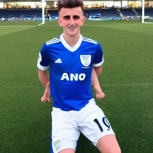 Prompt: “A realistic photo of English football player Mason Mount as a humanoid android with shiny skin and wearing his soccer uniform”