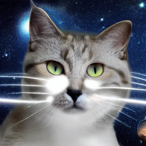 Image similar to cat being shocked by outer space, reflections in his eyes