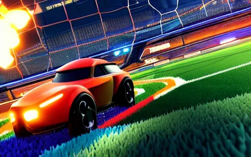 Image similar to rocket league goal, car soccer, ball exploding, dramatic lighting, moody lighting, muted color, 4 k, hq, octane render, dynamic angle, marketing, promotional.