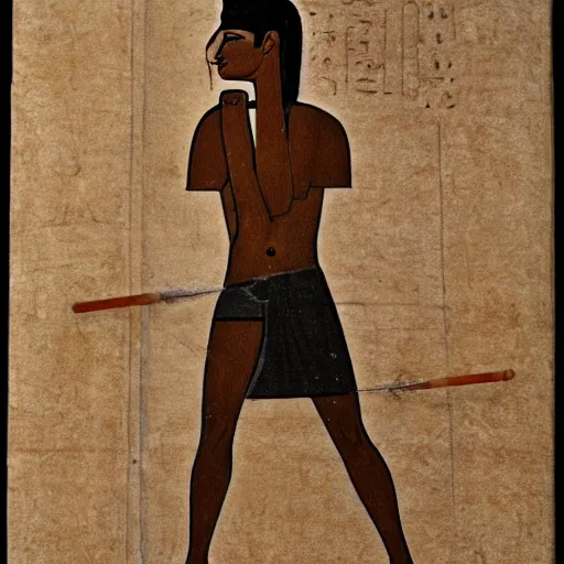 Image similar to Egyptian drawing of a man using a shake weight, ancient, photorealistic