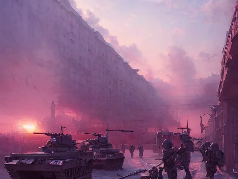 Image similar to a city of syzran!!!, militaristic!!!, romantic!!!, hyperrealistic, highly detailed, cinematic, pink sunlight, beautiful, cgssociety, artstation, 8 k, oil painting by greg rutkowski, by artgerm, by wlop