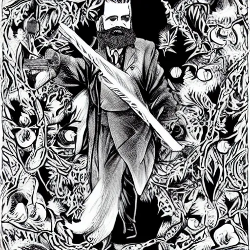 Image similar to black and white pen and ink!!!! Twin Peaks Black Lodge goetic vampire Colonel Sanders handsome beard golden!!!! Vagabond!!!! floating magic swordsman!!!! glides through a beautiful!!!!!!! liquid magic floral crystal battlefield dramatic esoteric!!!!!! pen and ink!!!!! illustrated in high detail!!!!!!!! by Moebius and Hiroya Oku!!!!!!!!! graphic novel published on 2049 award winning!!!! full body portrait!!!!! action exposition manga panel black and white Shonen Jump issue by David Lynch eraserhead and beautiful line art Hirohiko Araki!!