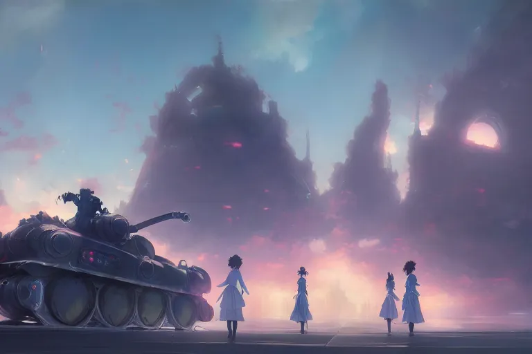 Image similar to anime key visual concept art of fantasy rail canon tank with anime maids, trending on artstation, brush strokes, oil on canvas, style of kawacy and makoto shinkai and greg rutkowski