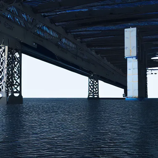 Image similar to cinematic movie still of a container ship in the water under the francis scott key bridge choppy weather with glossy water. there is a feeling of powerful energy in the water. ultrarealistic, cgsociety, 3 d octane render, 8 k, 4 k, ue 5, imax 7 0 mm.