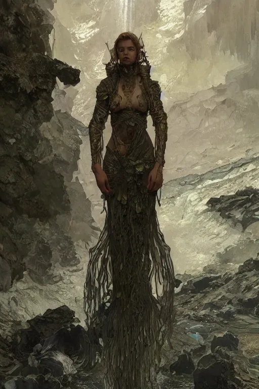 Image similar to a full body portrait of a beautiful post apocalyptic offworld neoicelandic biofarmer swimming by the waterfalls, intricate, elegant, highly detailed, digital painting, artstation, concept art, smooth, sharp focus, illustration, art by krenz cushart and artem demura and alphonse mucha