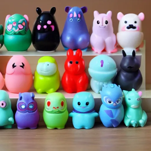 Image similar to some cute plastic toys that look like animal characters, pastel colors